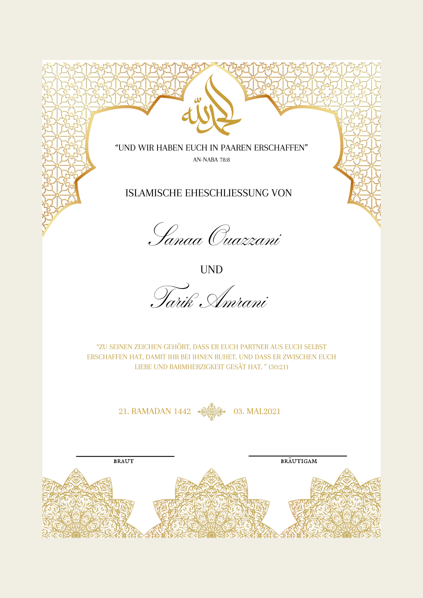Nikkah Zertifikat - Islamische Eheurkunde - Layla