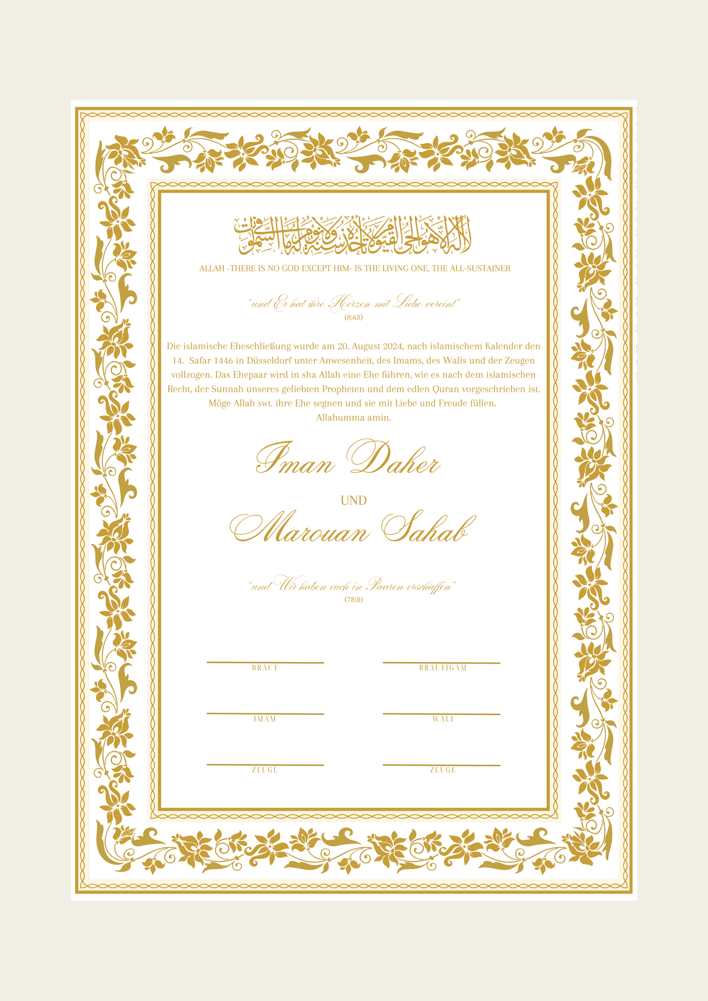 Nikkah Zertifikat - Islamische Eheurkunde - Mila Gold
