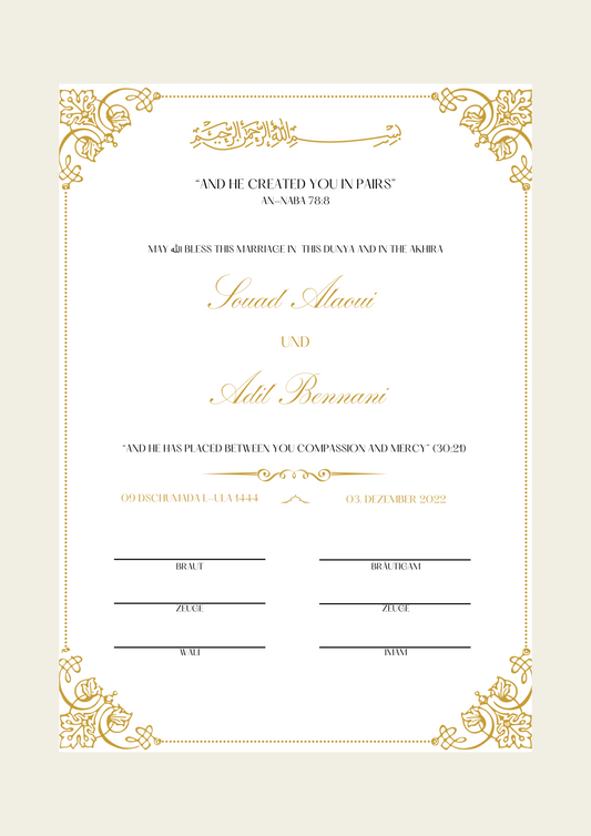Nikkah Certificate - Islamic Marriage Certificate - Jamila Gold