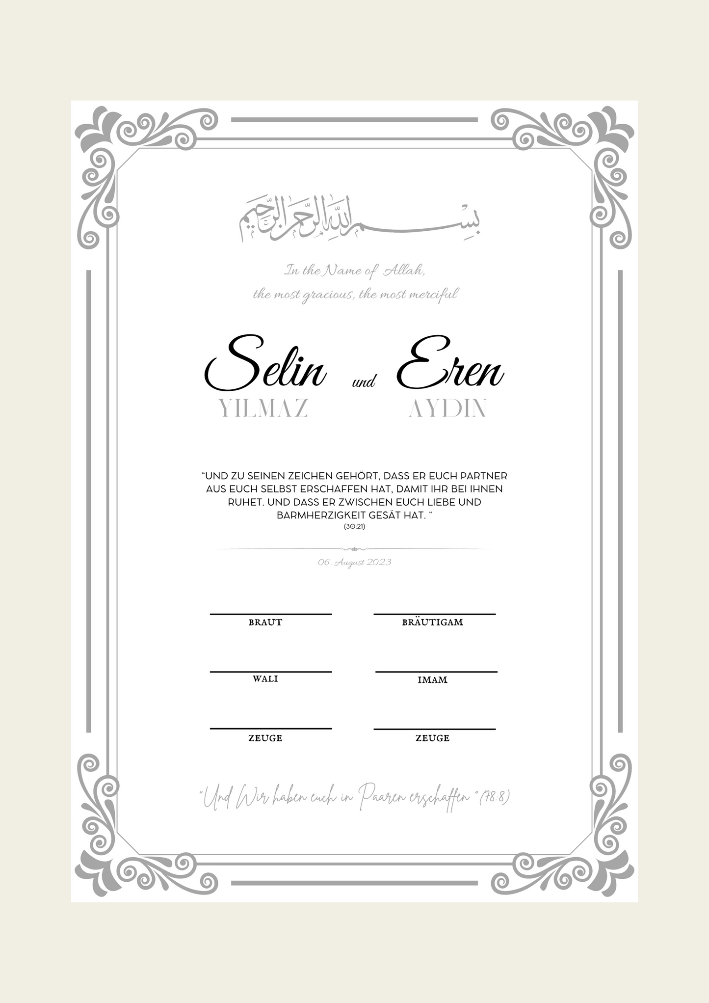 Nikkah Zertifikat - Islamische Eheurkunde - Amira Silber