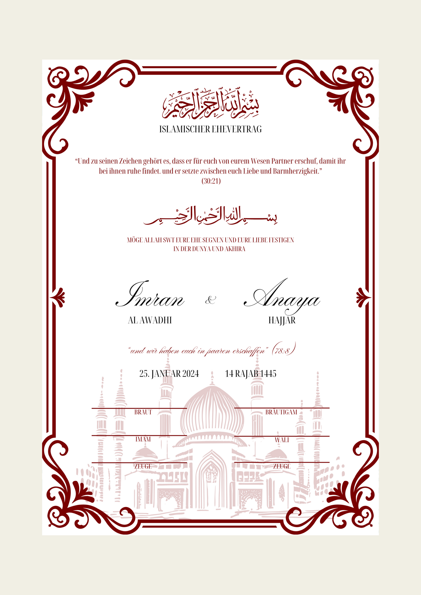 Nikkah Zertifikat - Islamische Eheurkunde - Nabila Rot